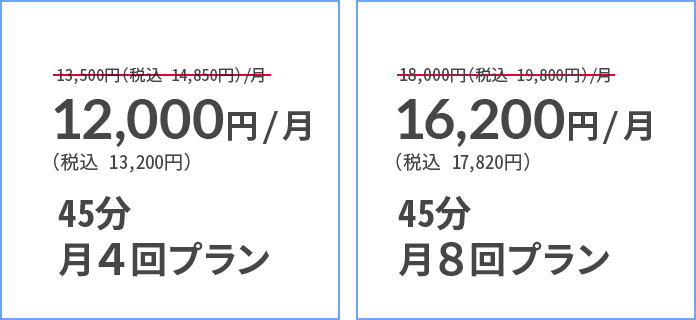 12,000円/月（税込13,200円）45分月4回プラン。16,200円/月（税込17,820円）45分月8回プラン。